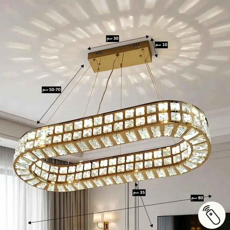 نجفة ليد (LED) بيضاوية مودرن بتصميم إطار الكريستال الملكي - إضاءة ذكية 3 ألوان مع ريموت كنترول وخاصية تعتيم، موديل 030598 مخطط قياسات نجفة الكريستال: الطول 80 سم والارتفاع القابل للتعديل حتى 70 سم، مع قاعدة تثبيت سقفية 30*10 سم