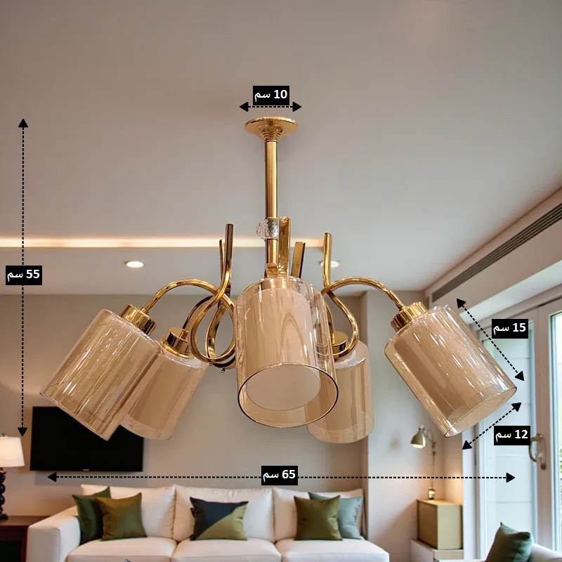 نجفة مودرن ذهبية 5 أذرع بتصميم ملكي انسيابي مع كلوبات زجاجية عسلية، موديل 030640 قياسات النجفة الذهبية 5 أذرع: عرض 65 سم وارتفاع 55 سم.