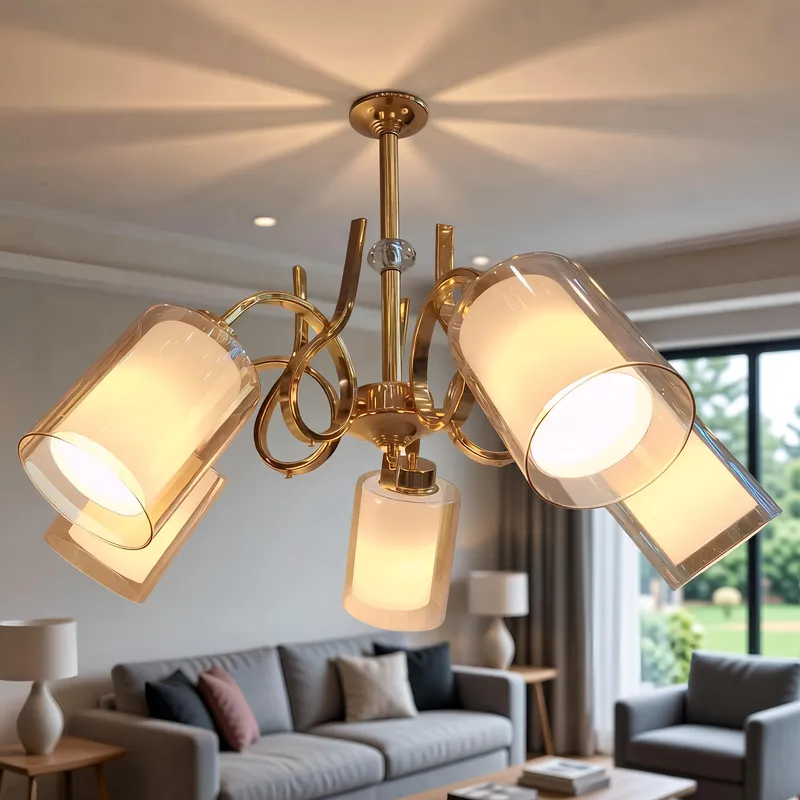 نجفة مودرن ذهبية 5 أذرع بتصميم ملكي انسيابي مع كلوبات زجاجية عسلية، موديل 030640 نجفة ذهبية مودرن 5 أذرع مع زجاج اسطواني لغرفة الاستقبال.