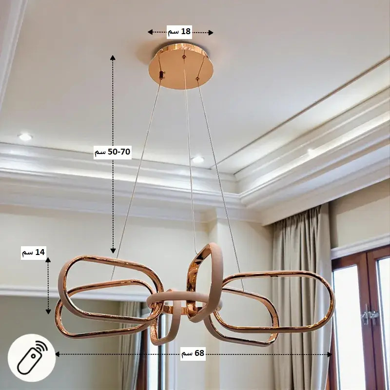 نجفة ليد (LED) مودرن بتصميم حلقات ذهبية متداخلة - إضاءة ثلاثية وقابلة للتعتيم، موديل 030409 مخطط توضيحي لأبعاد نجفة الليد: العرض 68 سم والارتفاع القابل للتعديل حتى 70 سم.