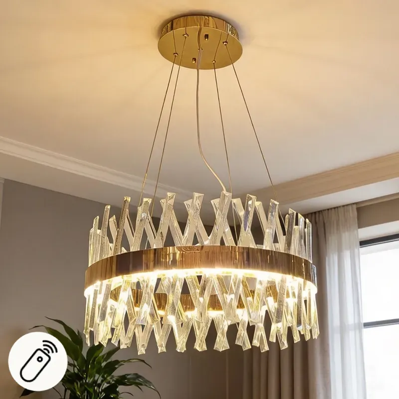 نجفة كريستال مودرن دائرية ذهبي، إضاءة ليد بـ 3 ألوان مع ريموت كنترول، موديل 027360 نجفة كريستال ليد ذهبي ثلاث ألوان مع ريموت كنترول