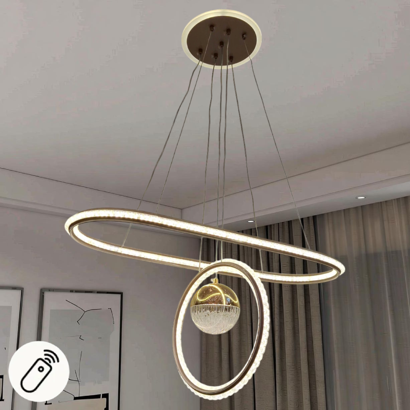 نجفة ليد بيضاوية مودرن مع كرة ذهبية كريستال، قاعدة مضيئة مع ريموت كنترول، إضاءة ثلاثية مع خاصية التعتيم، موديل 030759 نجفة ليد بيضاوية مودرن لون بني فاتح مع كرة ذهبية كريستال