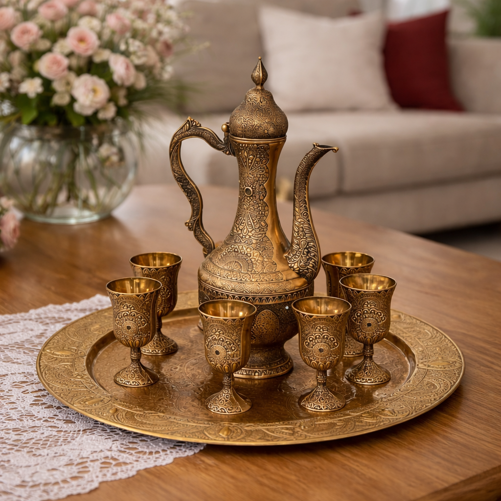 طقم تقديم الشاي نحاسي - إبريق و6 كؤوس وصينية مزخرفة، موديل 029494 طقم ضيافة متكامل بلون نحاسي يتكون من إبريق و6 كؤوس وصينية على "ترابيزة" خشبية.