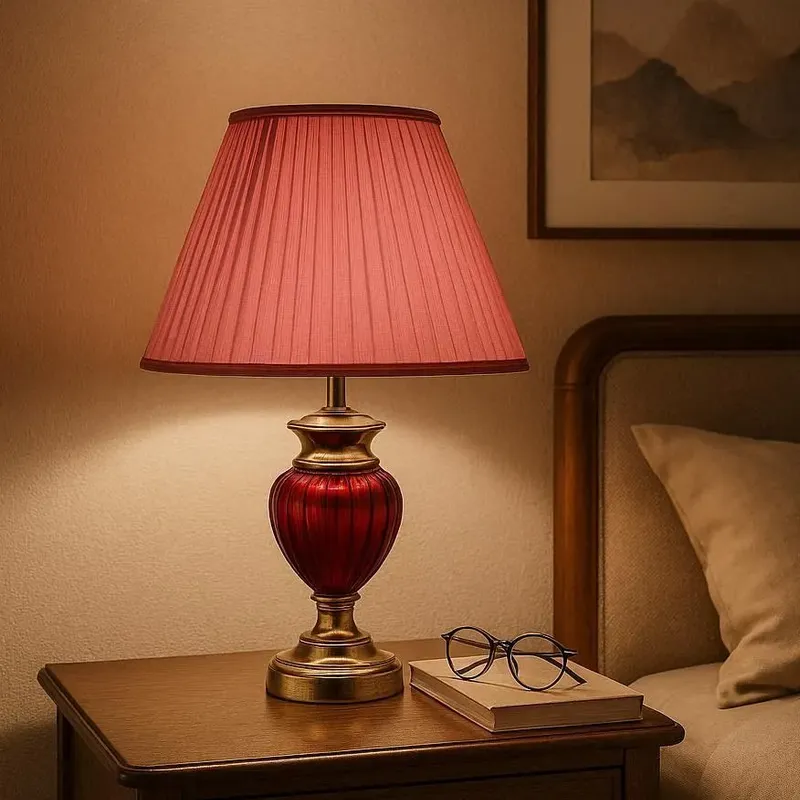 أباجورة كلاسيك بقاعدة زجاجية حمراء وشابوه بليسيه فخم، موديل 019706 أباجورة كلاسيك مودرن بقاعدة زجاجية حمراء موضوعة على ترابيزة جانبية بجوار السرير.
