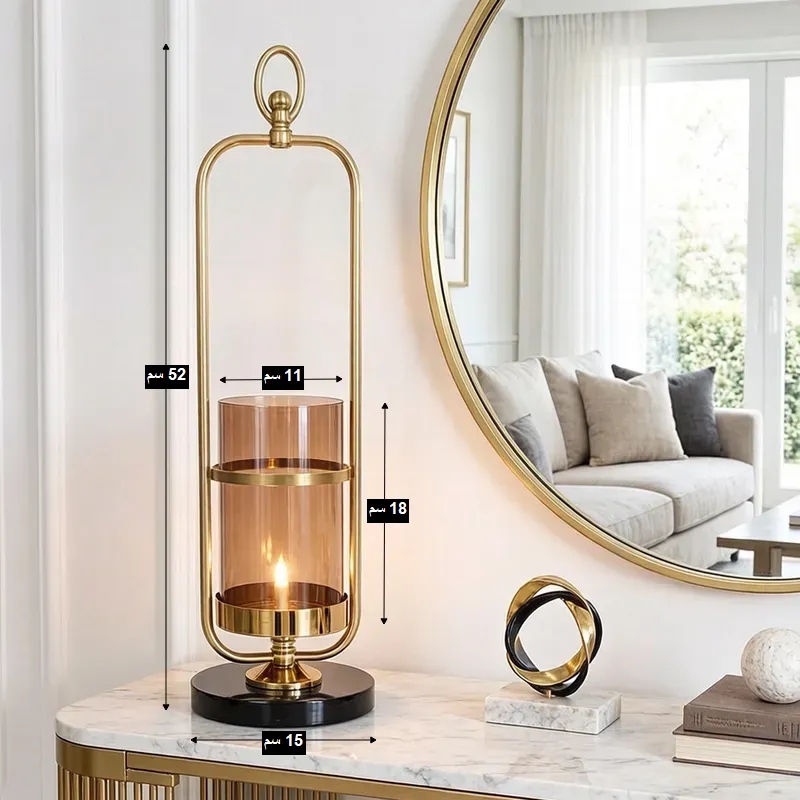 حامل شموع مودرن ذهبي بإطار جرس وقاعدة رخام أسود فاخرة، ارتفاع 52 سم، موديل 030887 مخطط يوضح مقاسات حامل شموع ذهبي بارتفاع 52 سم وقاعدة رخام 15 سم.