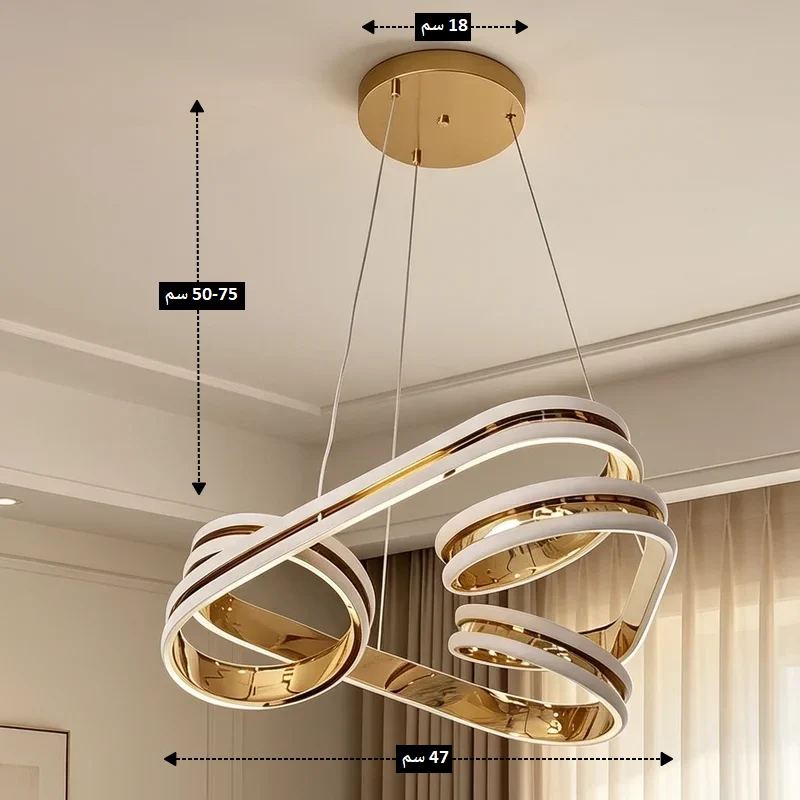 أبعاد ومقاسات النجفة الليد بالتصميم الهندسي: العرض 47 سم. قاعدة السقف: قطر 18 سم. ارتفاع التعليق: سلك قابل للتعديل يتراوح طوله بين 50 إلى 75 سم.