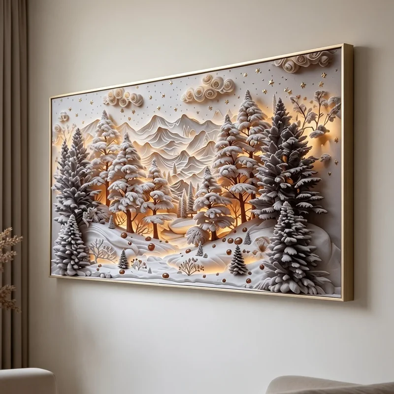 إخوان سرور الإضاءة الحديثة والديكور لوحة جدارية مجسمة لغابة صنوبر شتوية مغطاة بالثلوج مع تأثير إضاءة دافئة معلقة بزاوية في غرفة معيشة مودرن