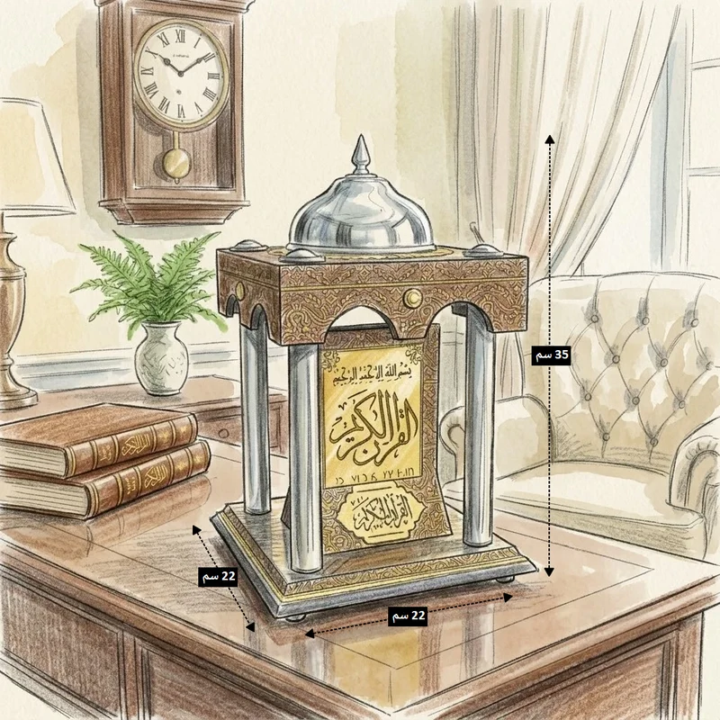 حامل مصحف خشبي فاخر بتصميم محراب وقبة مسجد فضية، موديل 020569 رسم توضيحي لأبعاد حامل القرآن الكريم المعماري: القاعدة 22×22 سم، والارتفاع الإجمالي 35 سم.