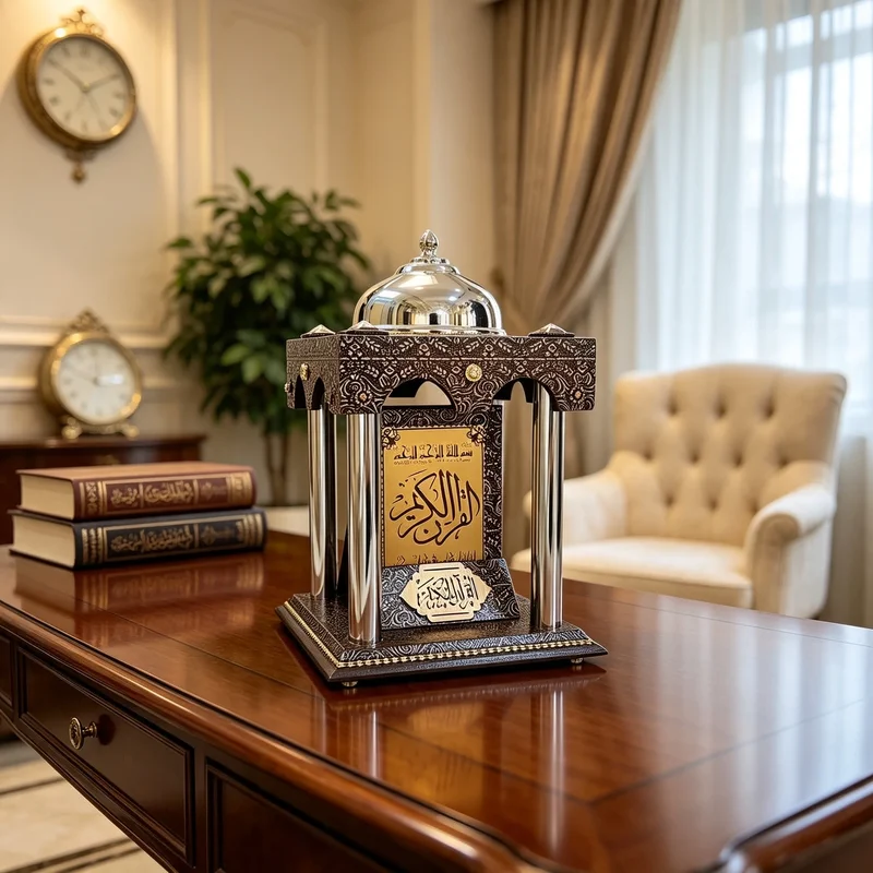 حامل مصحف خشبي فاخر بتصميم محراب وقبة مسجد فضية، موديل 020569 حامل مصحف فاخر بتصميم قبة معدنية فضية وأربعة أعمدة يضم مصحفاً بغلاف ذهبي وفضي على مكتب.