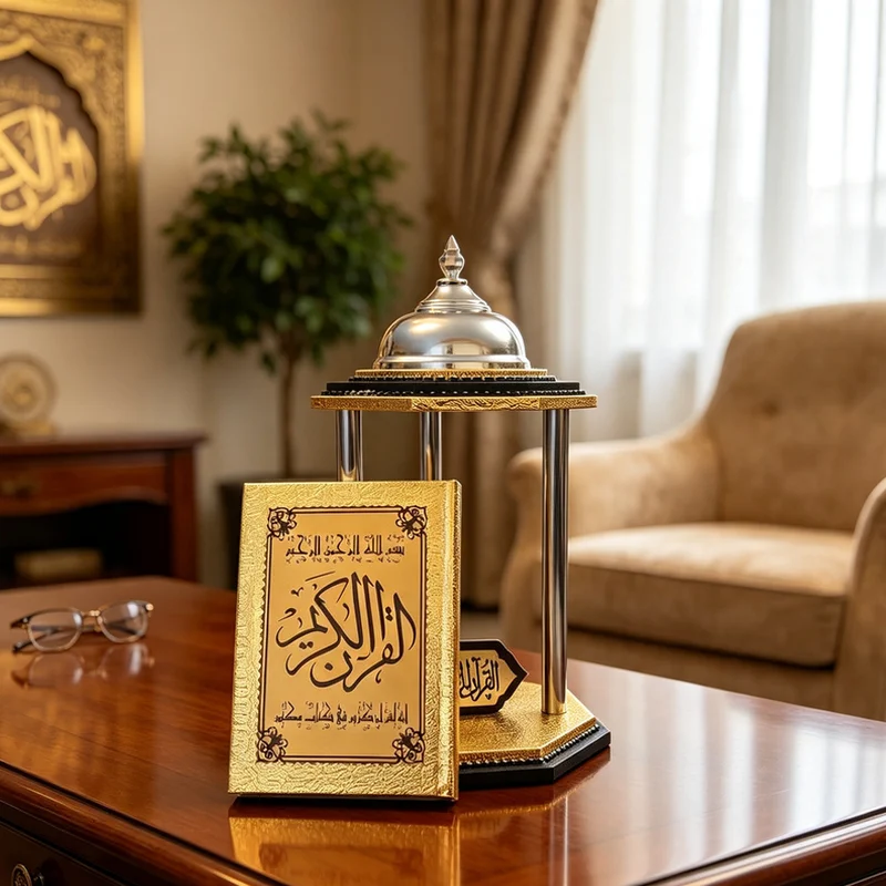 حامل قرآن بتصميم قبة فضية مع إبراز المصحف الشريف ذو الغلاف الذهبي المنقوش بالخط العربي.