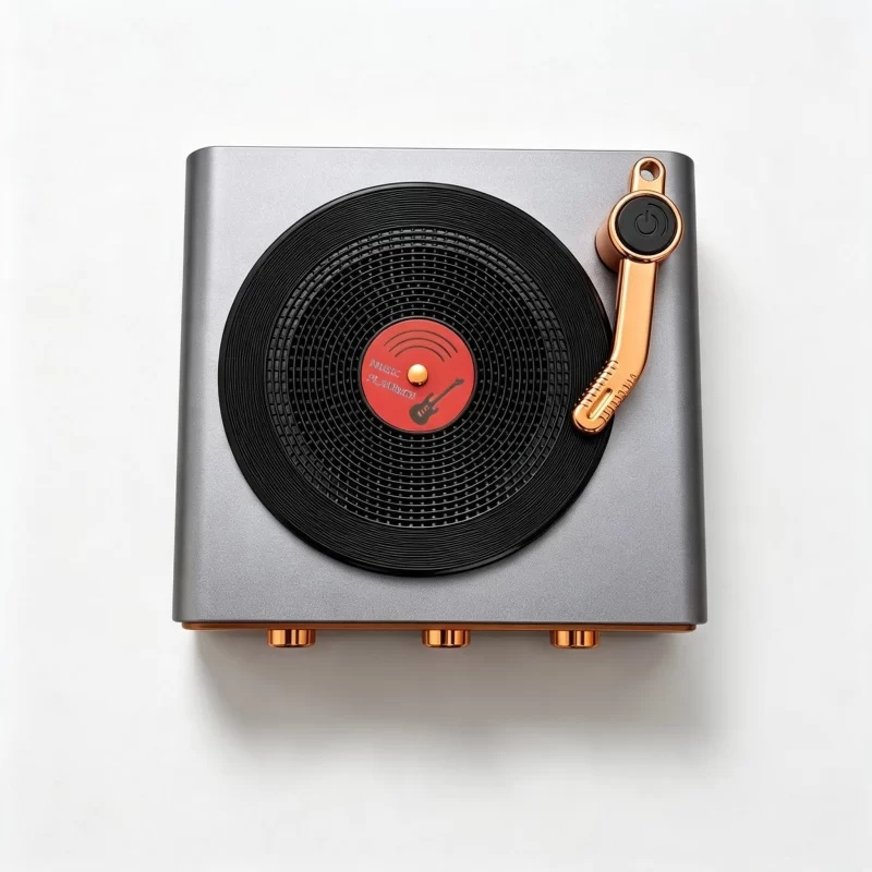 راديو كلاسيكي بتصميم الجراموفون، مشغل وسائط MP3/TF/USB وبلوتوث، موديل 031242 تصميم علوي لراديو ميير يوضح قرص الفينيل وذراع التشغيل الذهبي