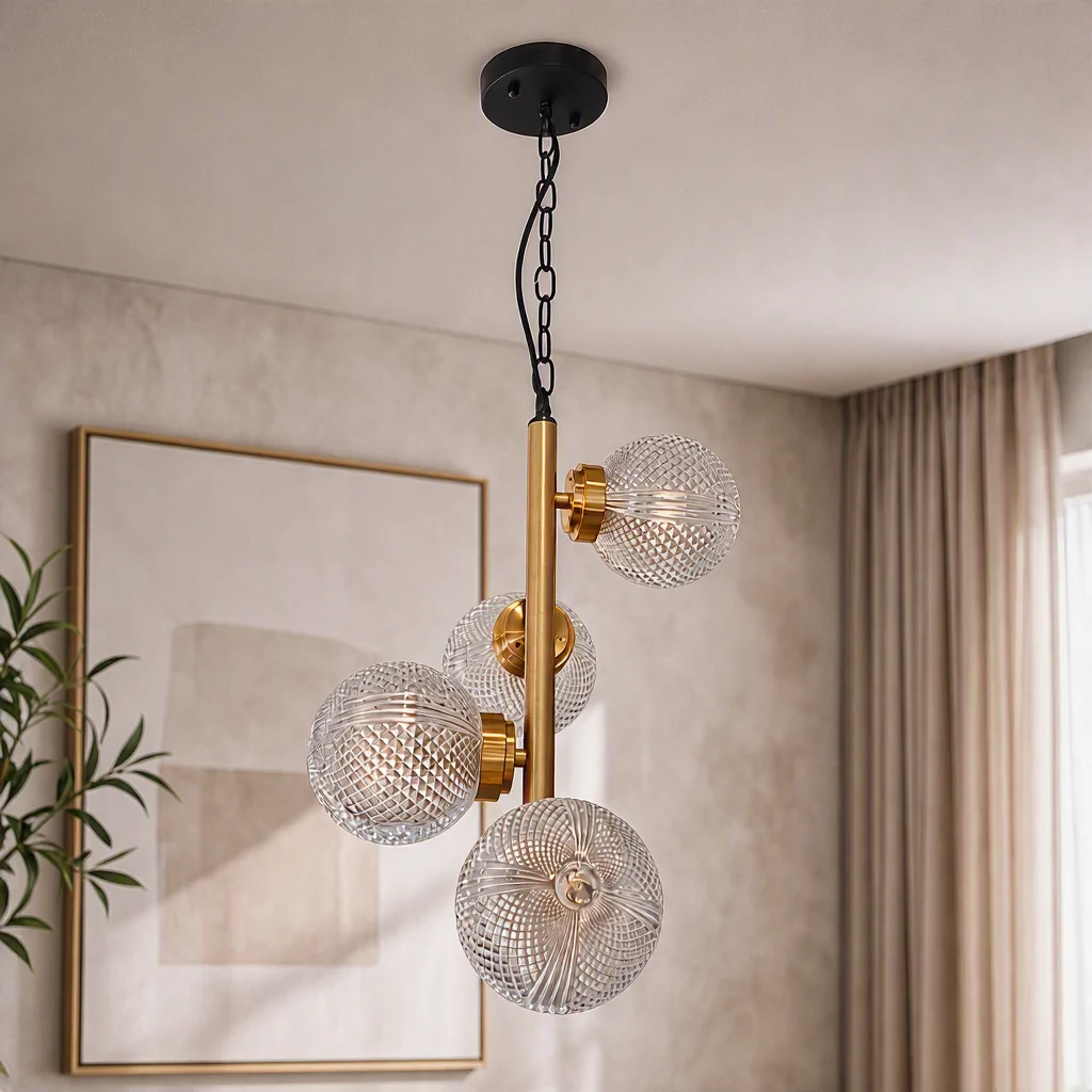 معلقة ذهبية رأسية 4 كلوبات زجاجية مودرن | إضاءة سقف فاخرة، موديل 026465 تصميم معلقة ذهبية رأسية 4 كلوبات زجاجية منقوشة وغير مضاءة لإظهار التفاصيل الدقيقة وقاعدة التعليق السوداء.
