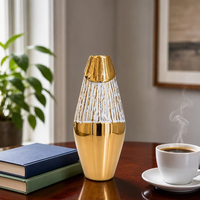 فازة سيراميك ديكورية بالحجم الكبير باللون الذهبي والأبيض بتصميم فاخر موضوعة على كونسول خشبي.