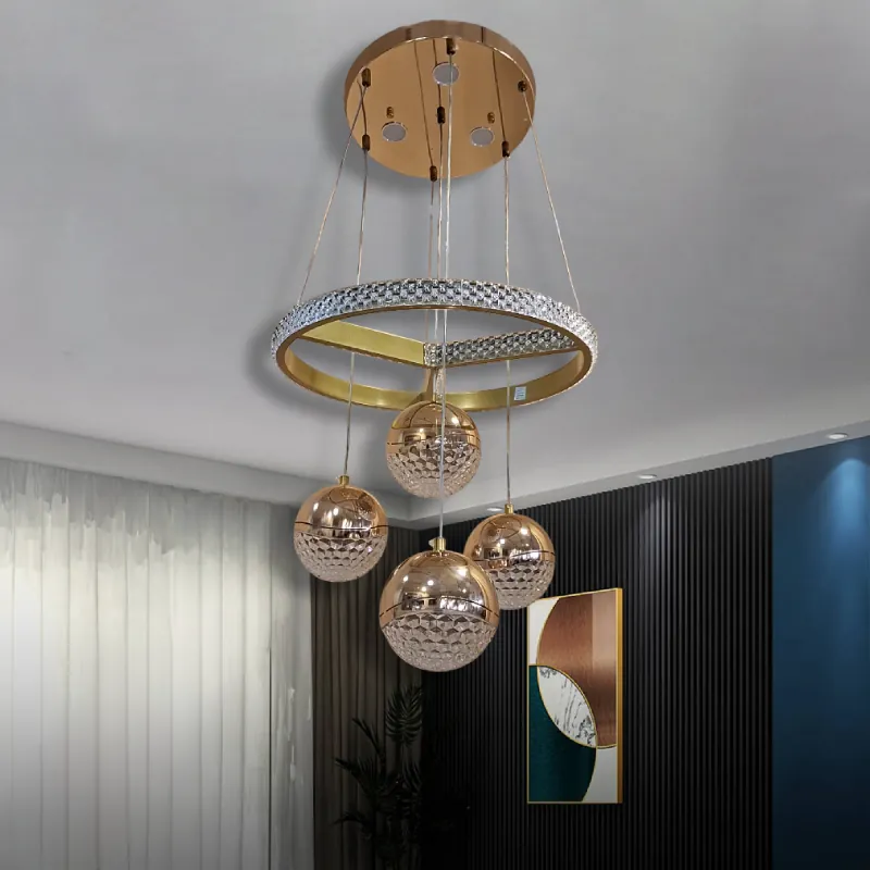 نجفة ليد،حلقة و 4 كلوبات،موديل 027917،تصميم عصرى أنيق صورة النجفة وهى مطفأة داخل غرفة