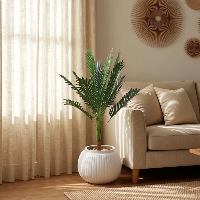 شجرة نخلة صناعية خضراء في أصيص أبيض مضلع بجانب أريكة بيج وإضاءة طبيعية.