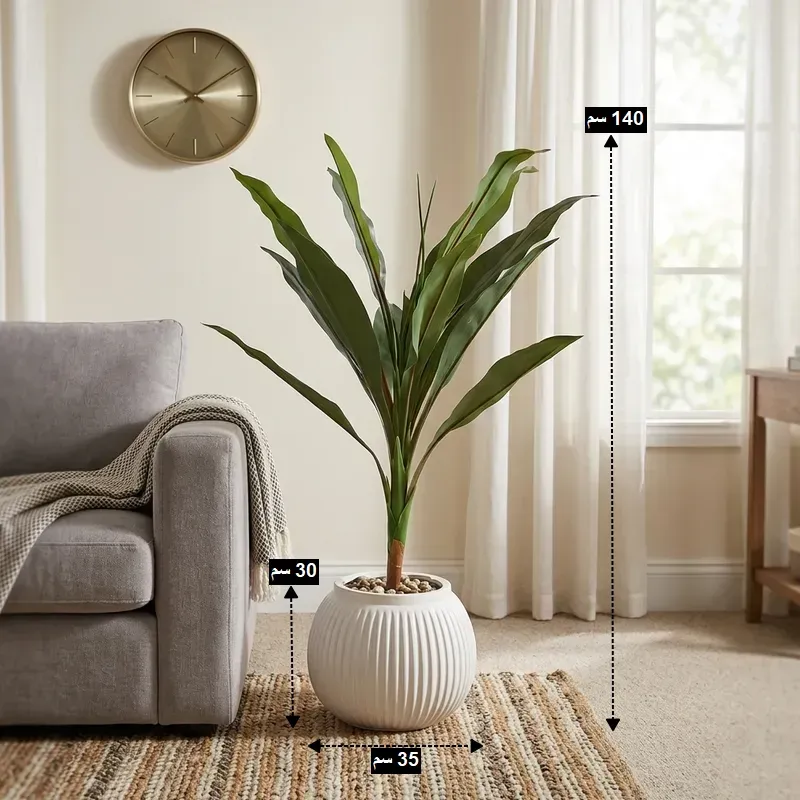 صورة توضح أبعاد نخلة دراسينا صناعية بارتفاع 140 سم وأصيص عرض 35 سم وارتفاع 30 سم.