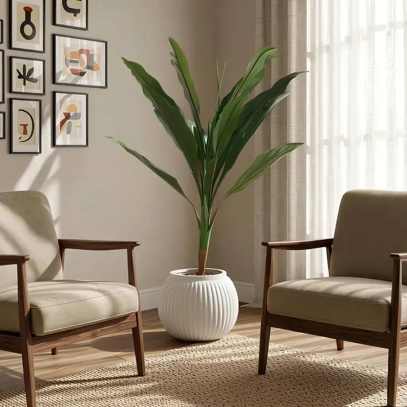 شجرة نخلة دراسينا صناعية خضراء في أصيص أبيض مضلع توضع كديكور بين مقعدين في غرفة معيشة مودرن.