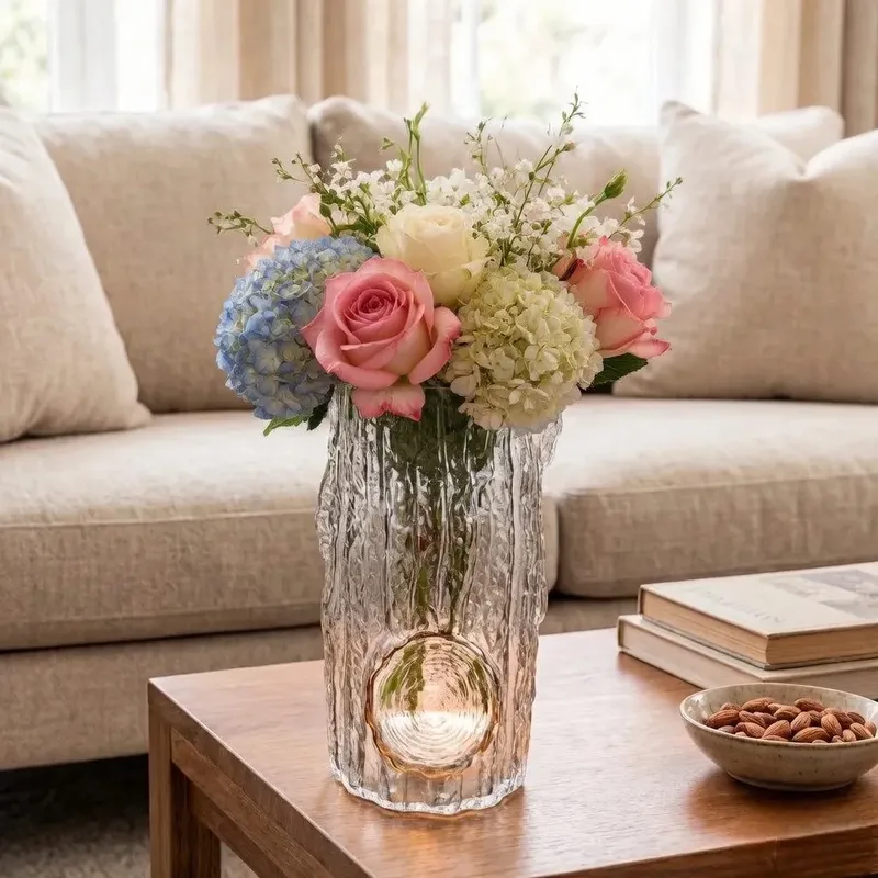 فازة زجاجية بتصميم جذع شجرة منسقة بزهور الورد والهيدرانجيا على طاولة خشبية.