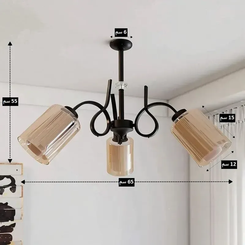 رسم توضيحي لأبعاد النجفة (65 سم عرض × 55 سم ارتفاع) مع تفاصيل الكلوبات.