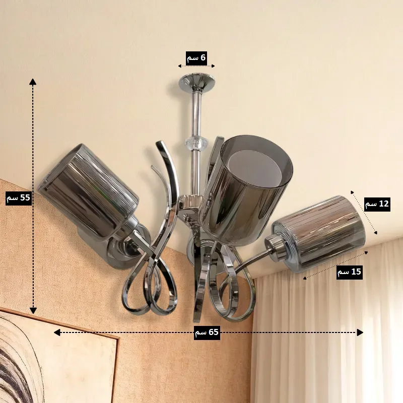 مخطط قياسات النجفة الفضية يوضح العرض 65 سم والارتفاع 55 سم مع تفاصيل مقاس الكلوبات.