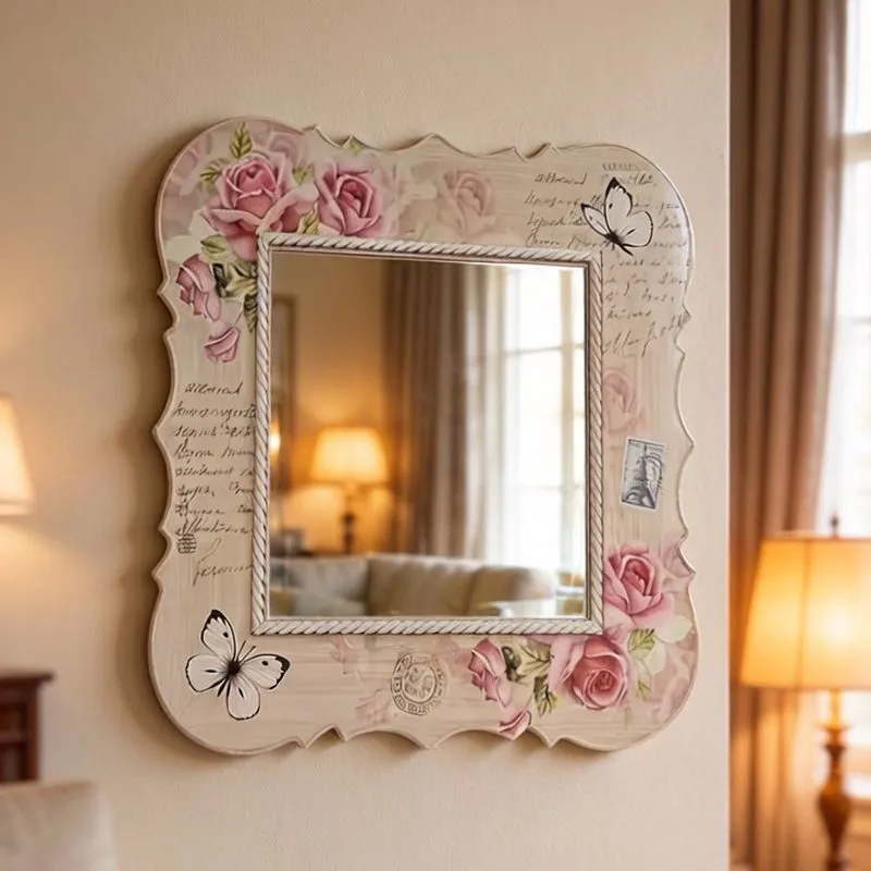 مرآة حائط بإطار خشبي مزين برسومات ورود وفراشات بنمط كلاسيكي