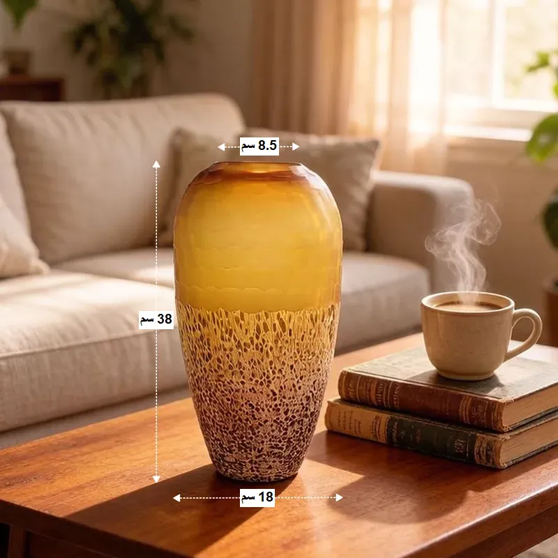 فازة مورانو زجاجية مودرن بتصميم خلية النحل - لون عنبري فاخر،38 سم، موديل 030878 مخطط يوضح مقاسات الفازة الزجاجية: الارتفاع 38 سم والعرض 18 سم قطر فتحة الفازة: 8.5 سم.