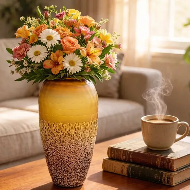 فازة مورانو زجاجية مودرن بتصميم خلية النحل - لون عنبري فاخر،38 سم، موديل 030878 فازة زجاجية بلون عسلي عنبري وتصميم خلية نحل موضوعة على سطح خشبي لديكور المنزل.