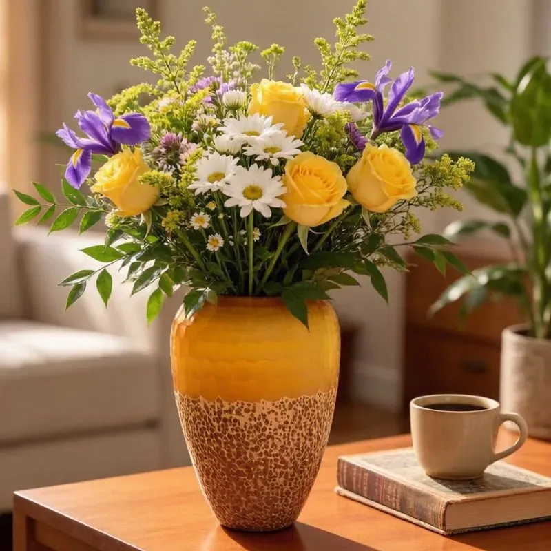 فازة مورانو زجاجية مودرن بتصميم خلية النحل - لون عنبري فاخر، 28 سم، موديل 030879 فازة زجاجية بلون عسلي عنبري وتصميم خلية نحل موضوعة على سطح خشبي لديكور المنزل وتحمل باقة من الورود في غرفة معيشة.