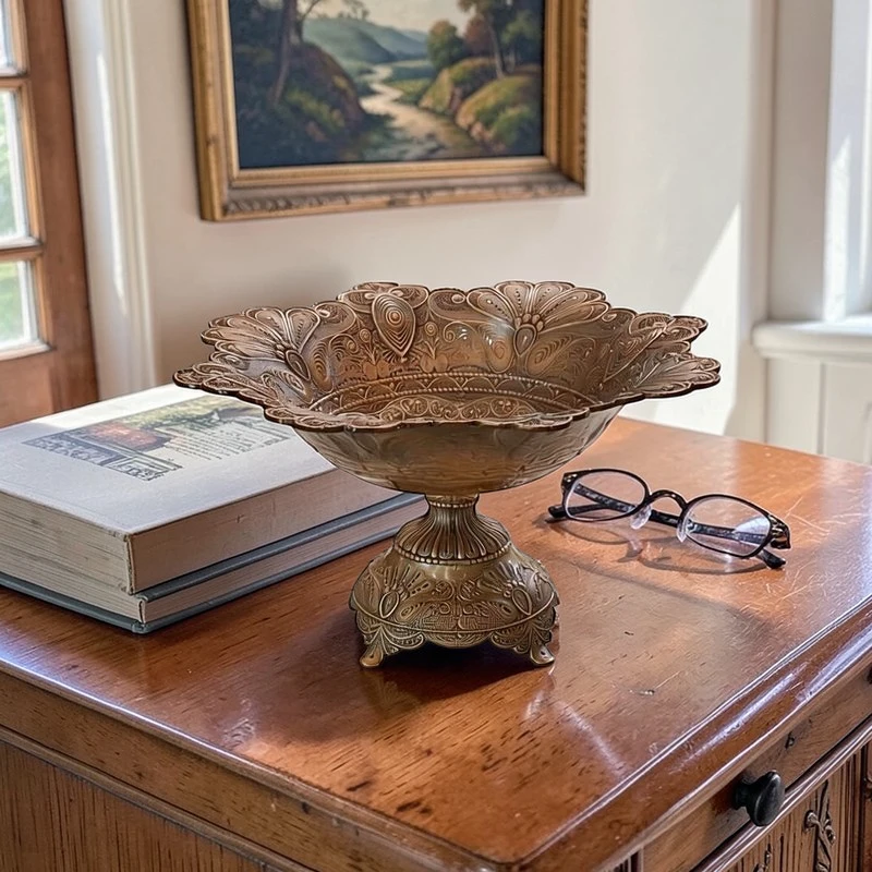 طبق تقديم معدني بلون نحاسي مزخرف موضوع على "ترابيزة" خشبية بجانب كتب ونظارة.