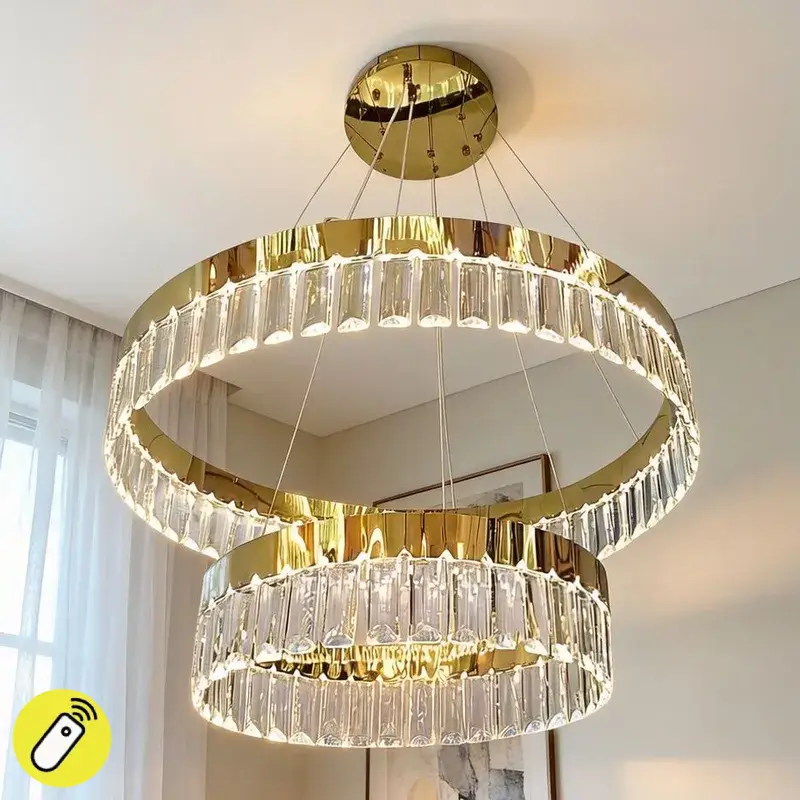 نجفة ليد كريستال حلقتان دائريتان متداخلتان فضية بإضاءة ثلاثية وريموت كنترول.