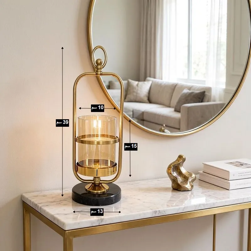 حامل شموع مودرن ذهبي بإطار جرس وقاعدة رخام أسود فاخرة، ارتفاع 39 سم، موديل 030888 مخطط يوضح مقاسات حامل شموع ذهبي بارتفاع 39 سم وقاعدة رخام 13 سم.